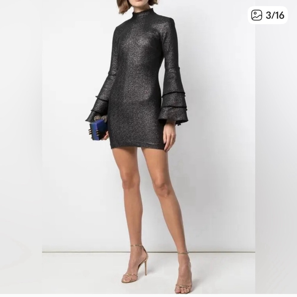Cynthia Rowley Shimmering Black Ruffle Long Sleeve Dress - Picture 3 of 11